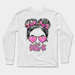 Kids Hello Pre-K Messy Bun Girls Preschool Back To School Long Sleeve T-Shirt